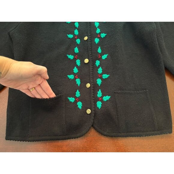 Vintage Tally-Ho Black Holly Embroidered Christmas Cardigan Sweater Women's XL - Picture 11 of 13
